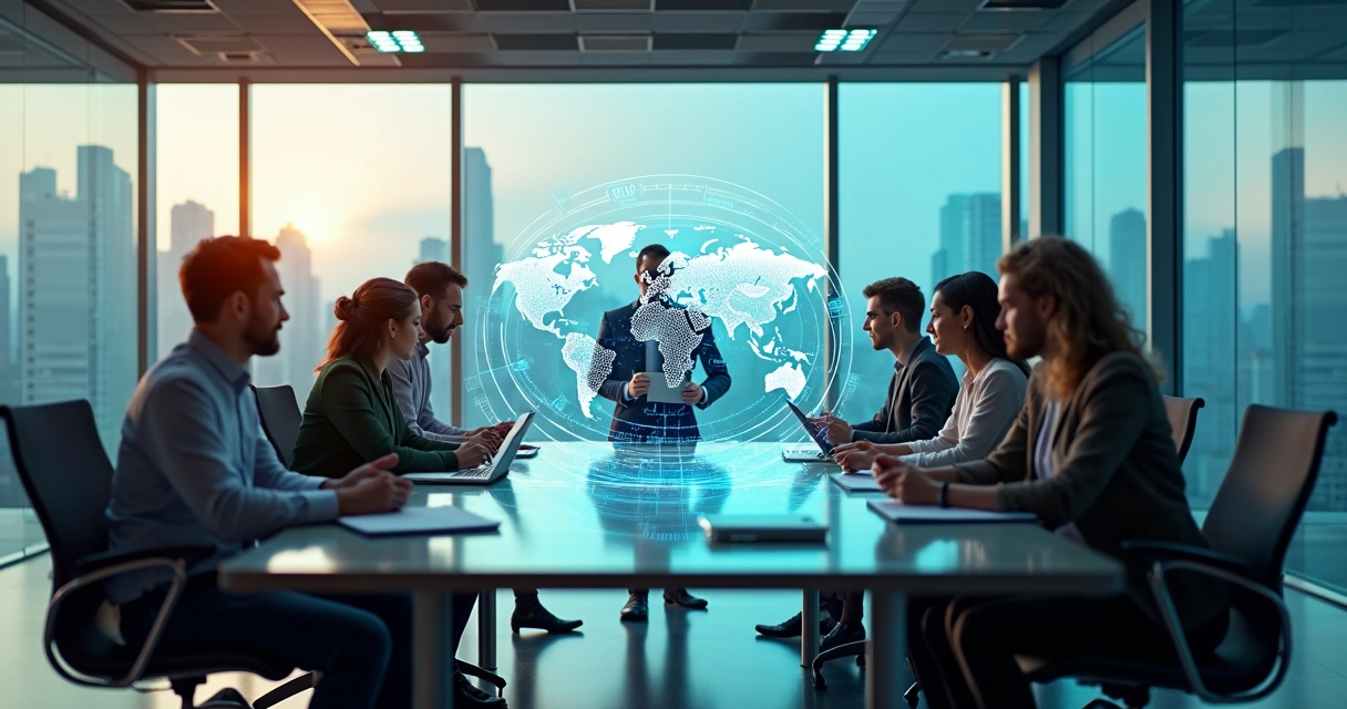 Modern office with diverse professionals collaborating over digital global mobility and AI dashboard screens