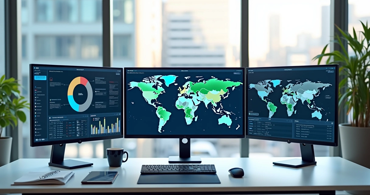 Modern office desk with multiple digital screens showing worldwide workforce data and communication apps
