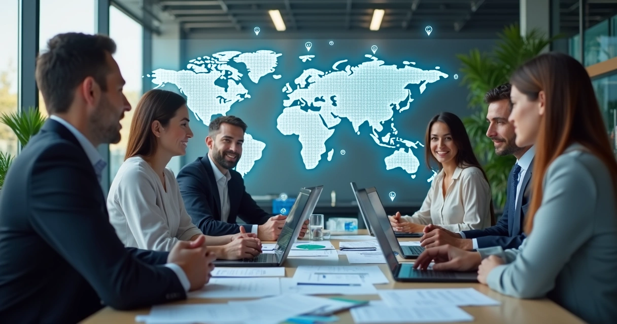 Business professionals collaborating over global compliance documents with digital world map