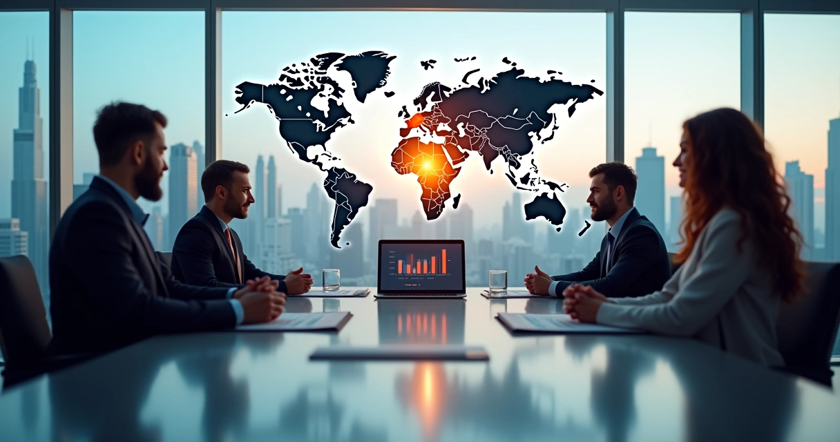 Businesspeople collaborating over documents and laptop with world map and city skyline in background