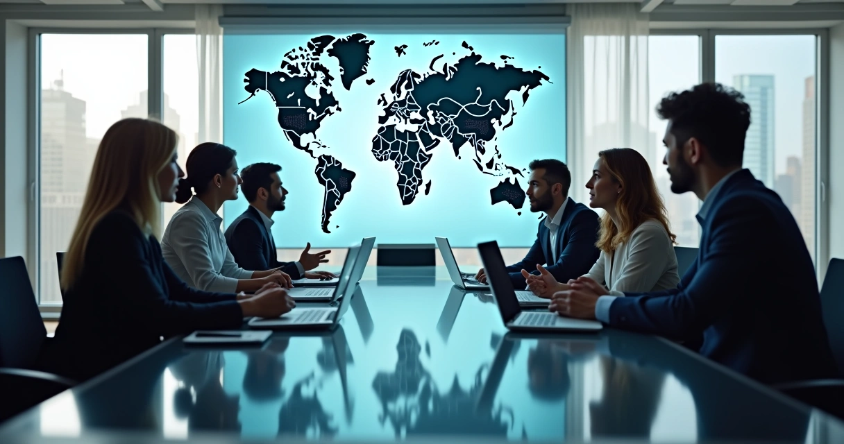 Diverse group of professionals in a modern office discussing global business mobility strategy with digital world map and data overlays