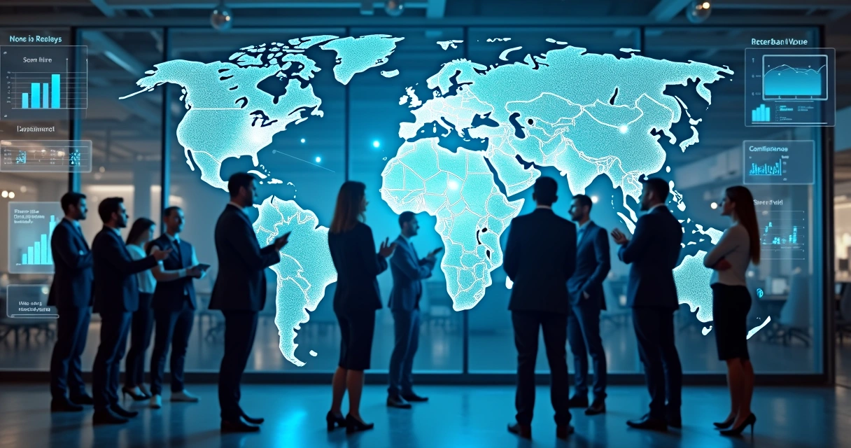 Business professionals connecting global network with digital cityscape background