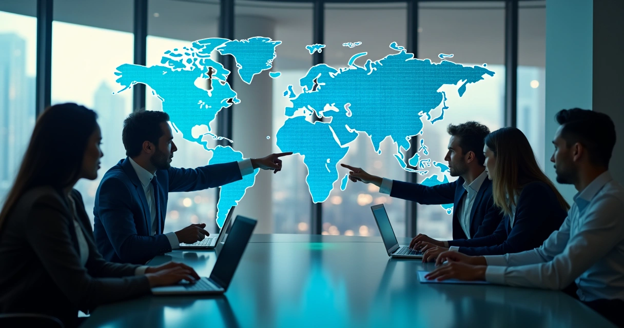 Diverse technology professionals collaborating with digital world map and relocation icons overlay