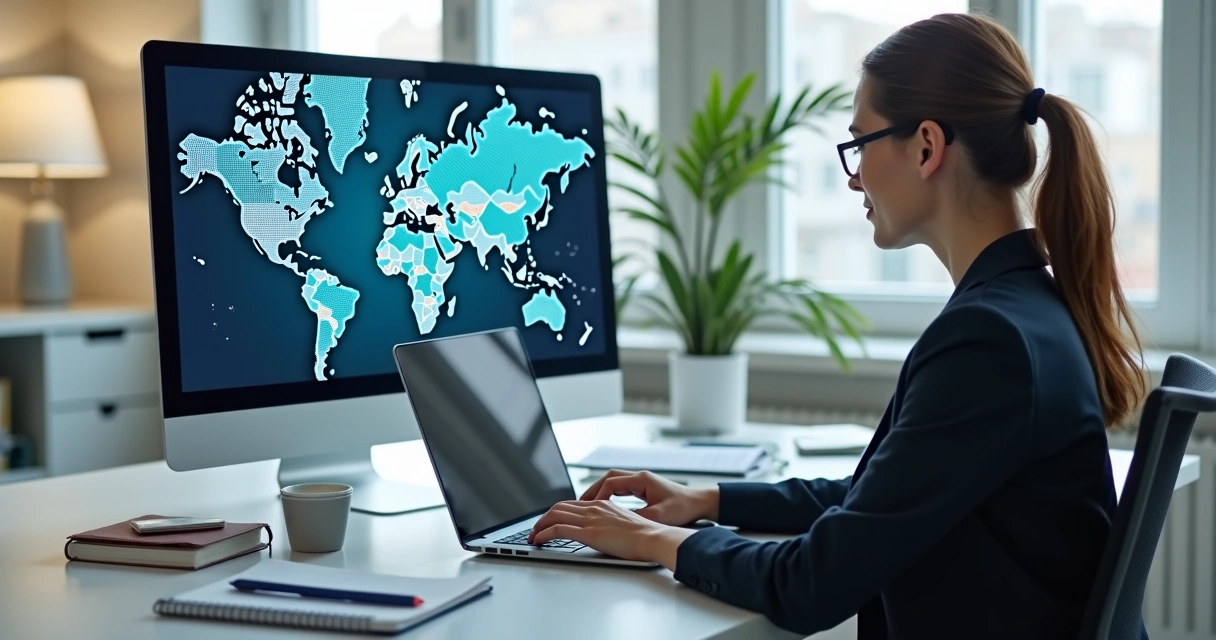 Business professional onboarding remote employees over video call with global map and flags in background
