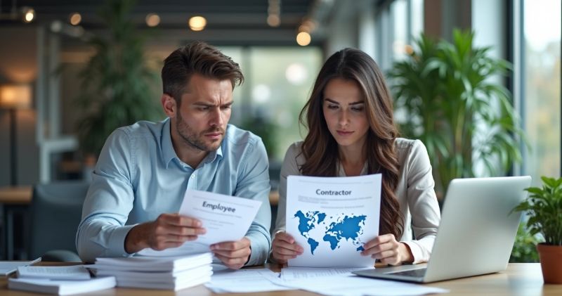 Businesspeople discussing workforce compliance documents in modern office