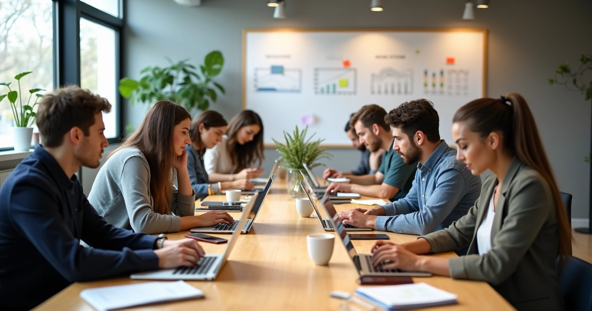 Young professionals working on laptops in a modern co-working space