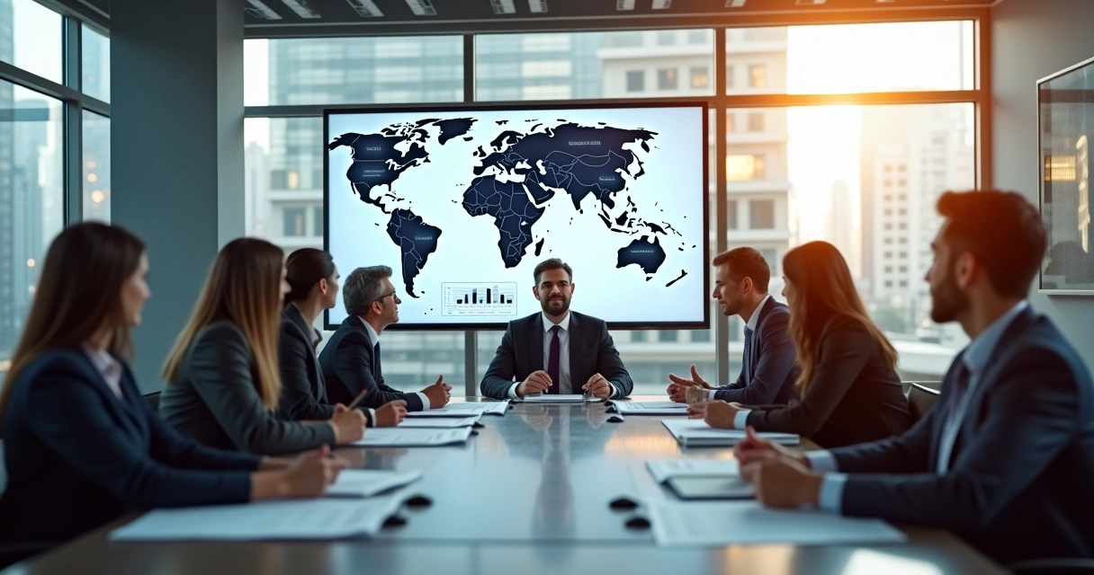 Business professionals discussing HR compliance strategy with global charts and documents on table