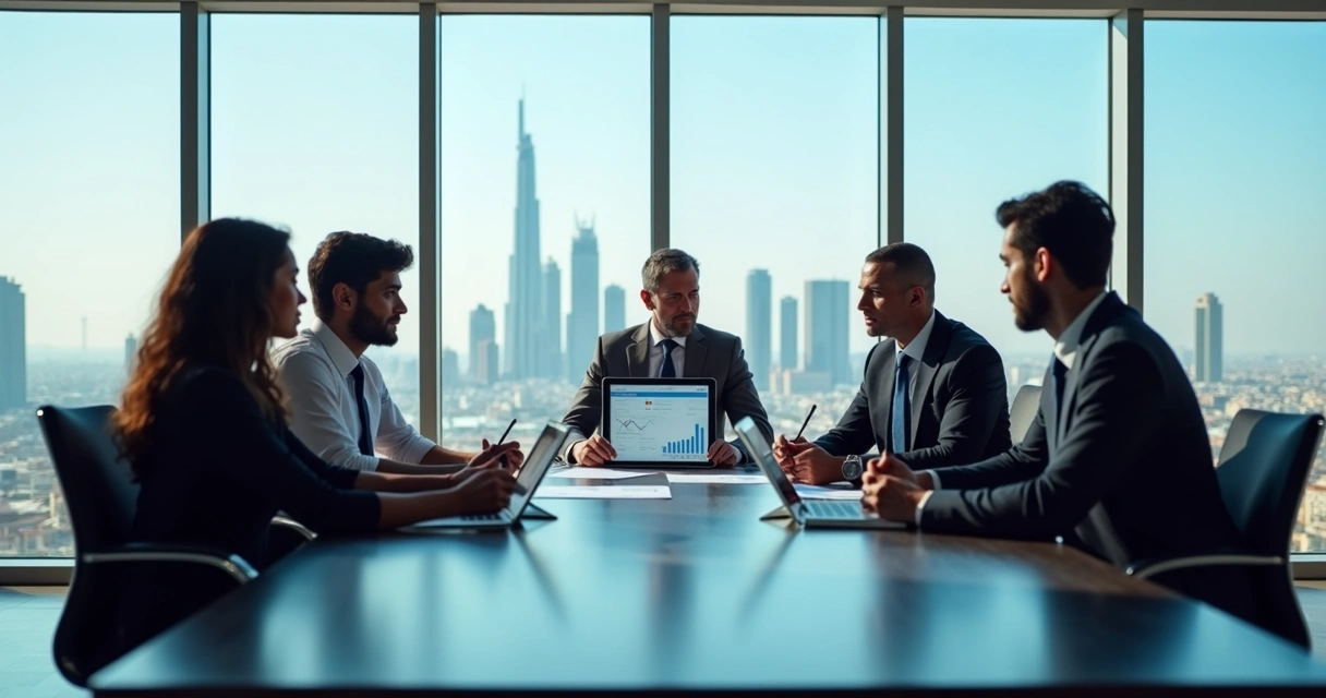 Business professionals discussing global HR strategy with Qatar skyline background