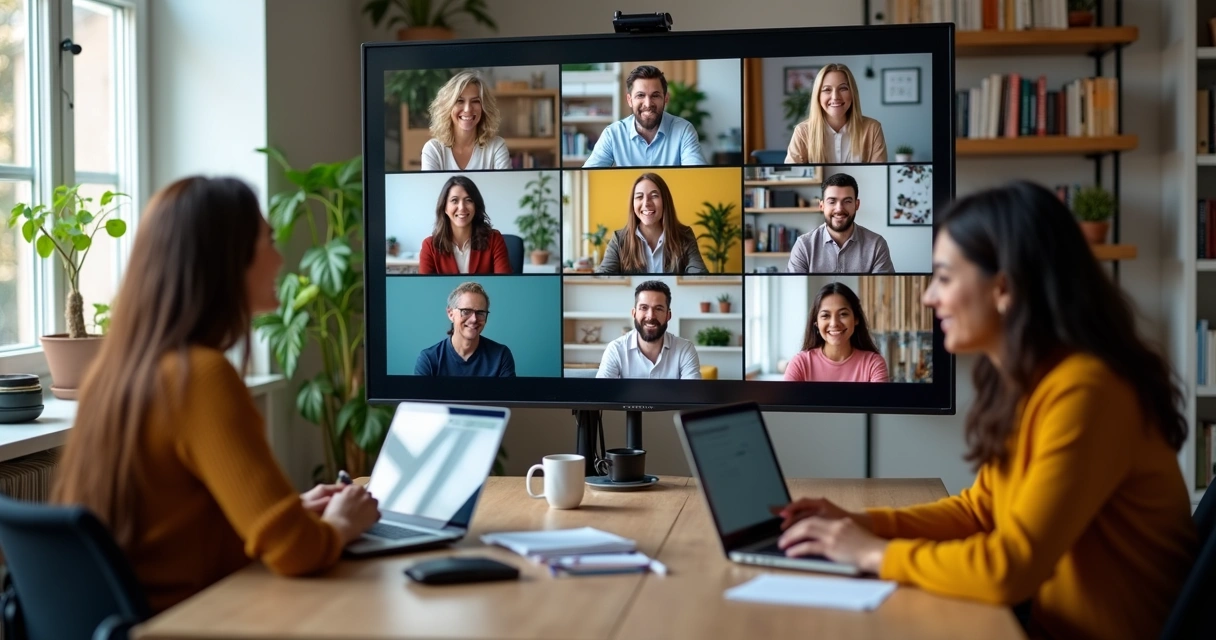 Remote team collaborating over video conference on laptops with diverse home office backgrounds
