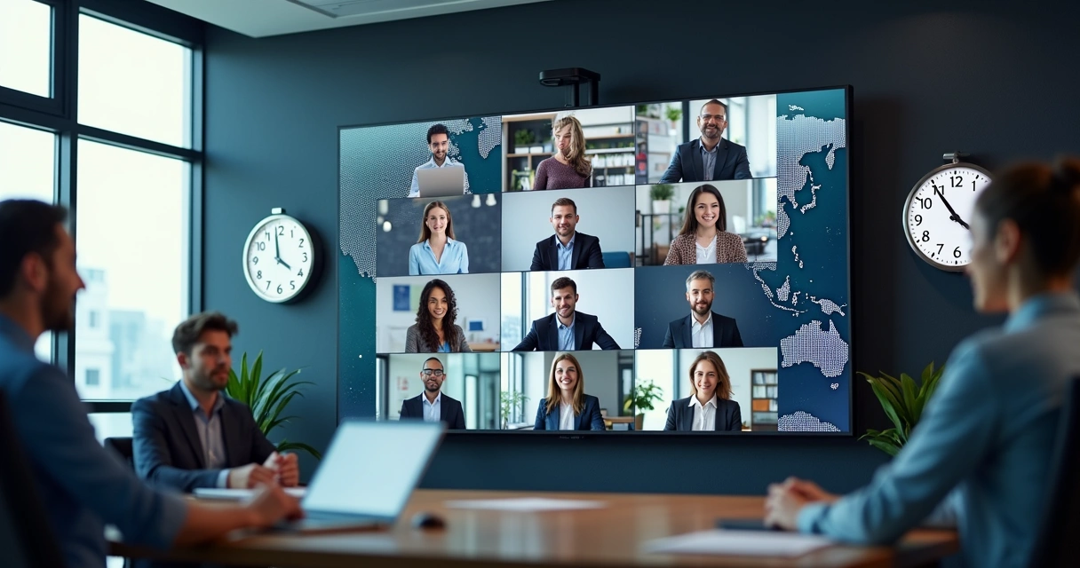 Diverse global team participating in a virtual video conference across multiple time zones