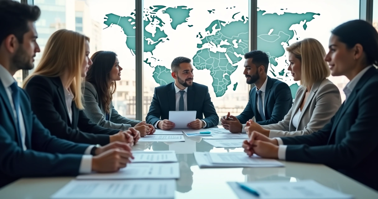 Diverse group of global professionals discussing documents in modern office