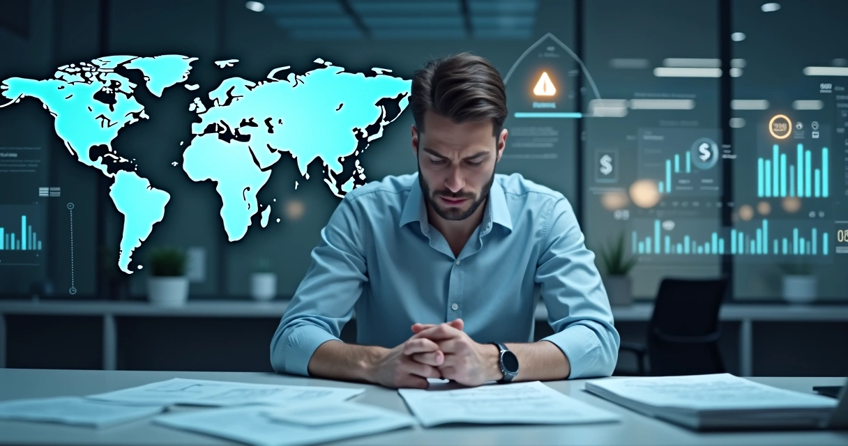 Business professional overwhelmed by multiple international payroll documents and digital screens displaying world maps, currency symbols, and compliance alerts