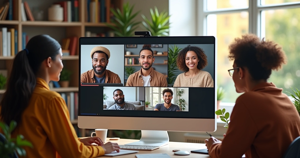 Diverse remote team collaborating via video call in modern virtual workspace