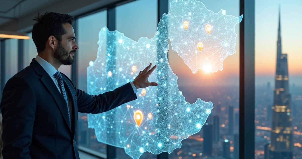 Businessperson pointing at detailed digital map of Saudi Arabia with icons representing growth and infrastructure
