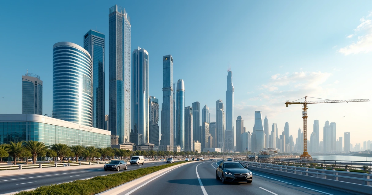 Modern cityscape of Doha Qatar with skyscrapers and business district under clear sky