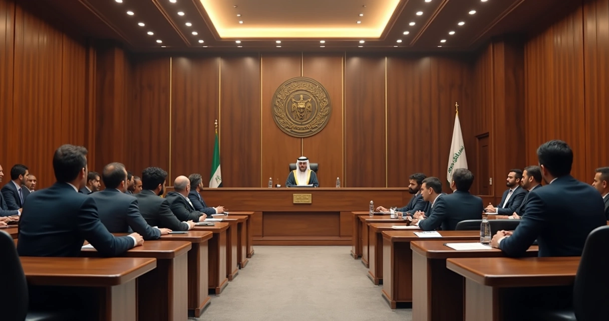 Interior of a modern Saudi labor court courtroom with judge, lawyers, and business professionals during a dispute hearing