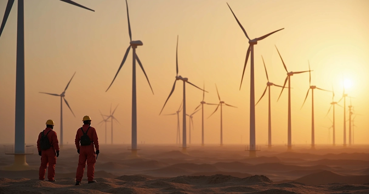 Chinese wind turbines in MENA region with local workers coordinating near site