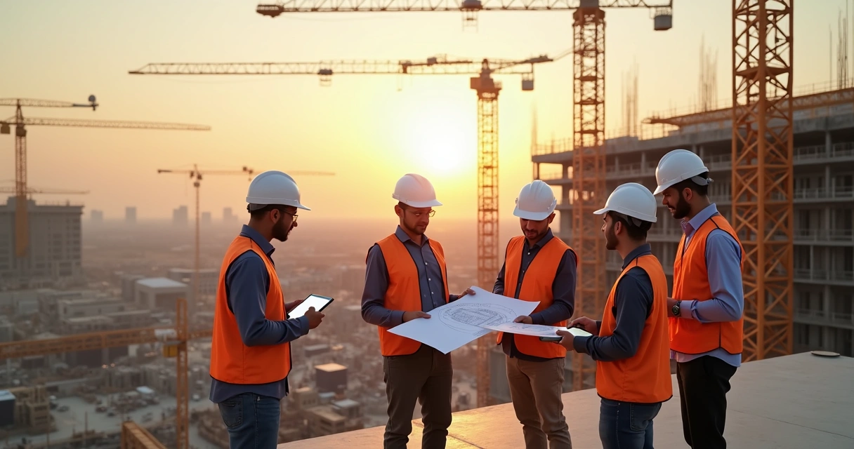High-tech construction site with cranes and scaffolding under clear sky and diverse professionals discussing project plans in foreground