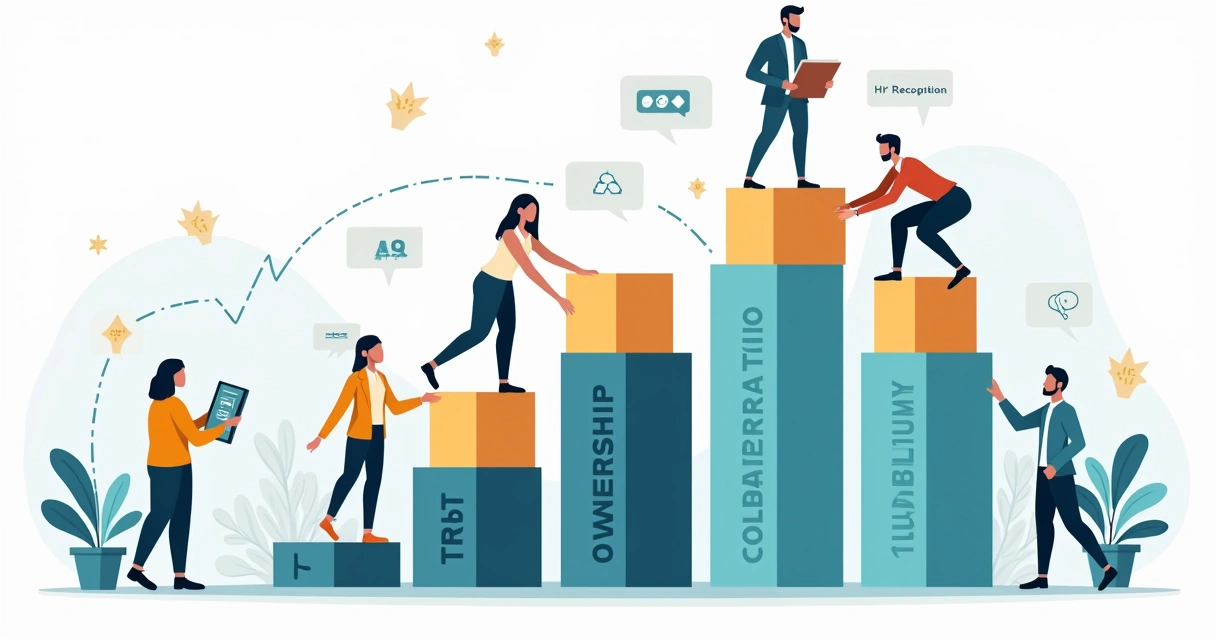 Team placing value icons into the foundation of a growing company building