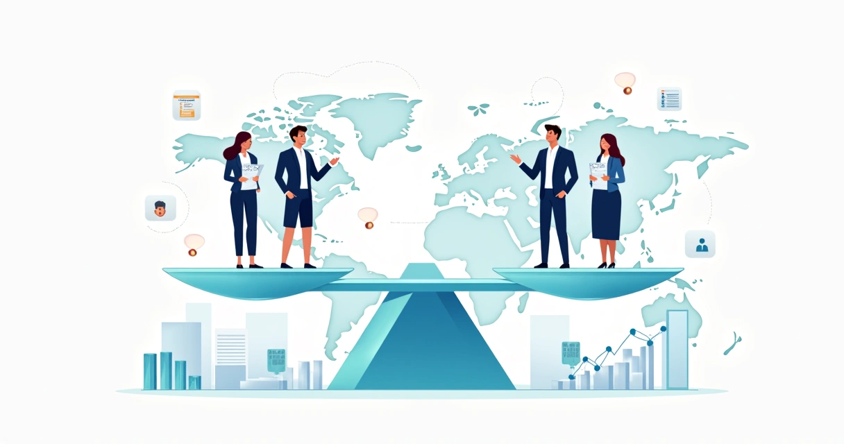 Flat illustration of diverse professionals standing on balanced scales over transparent salary charts