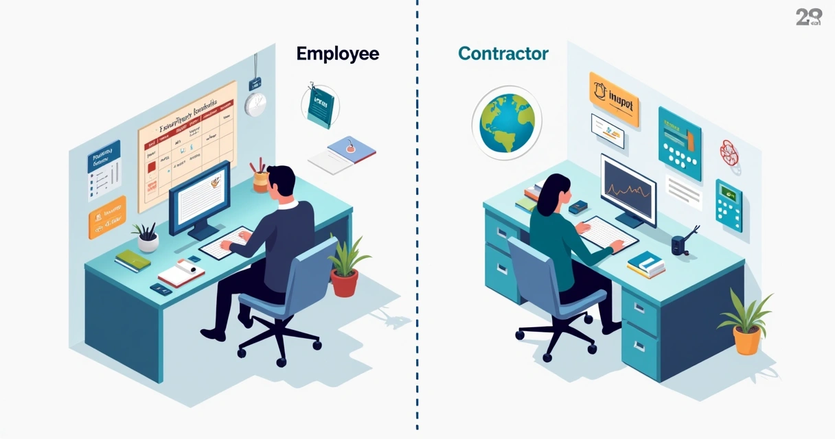 Side-by-side office diagram contrasting an employee desk and a contractor workspace