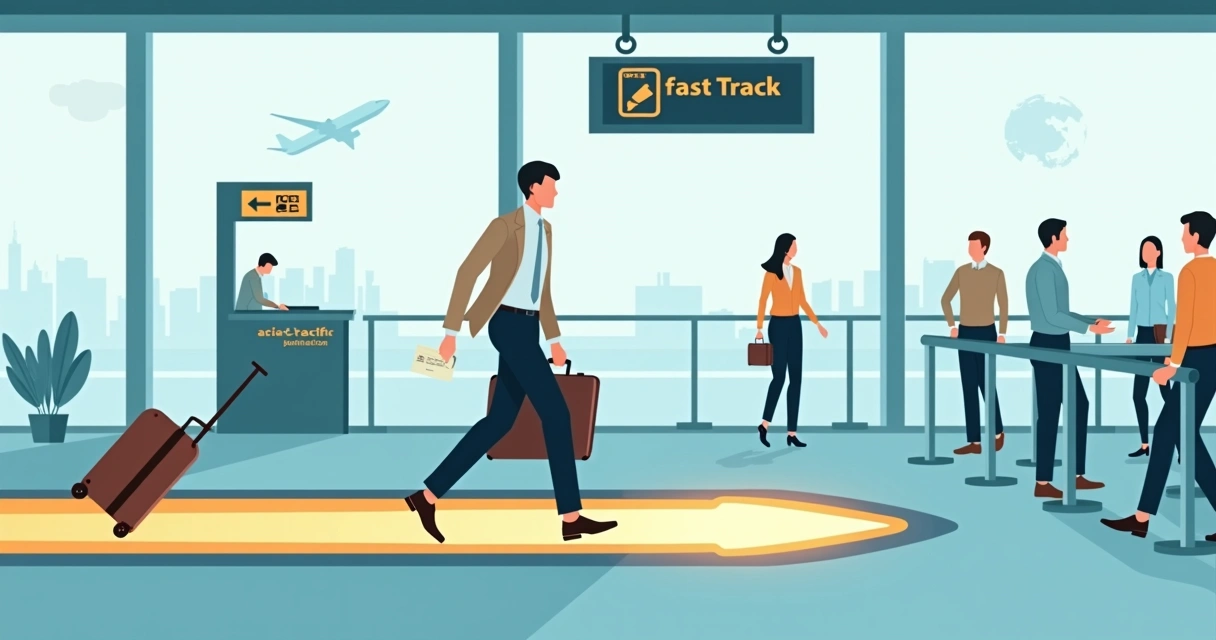 Business traveler using priority immigration lane with APEC travel card at modern airport