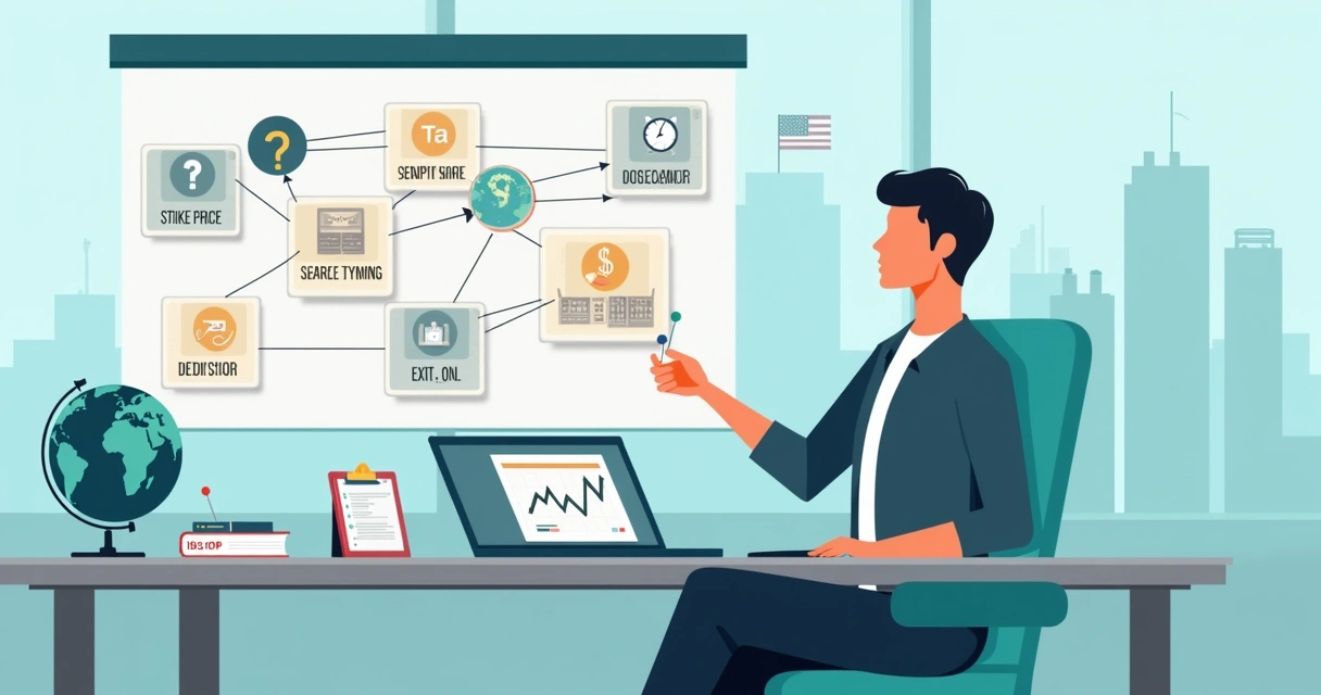 Expat employee comparing US ESOP details on a large decision map