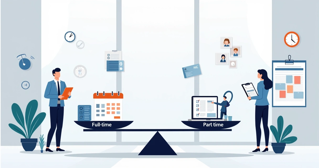 Flat illustration of a balance scale comparing full-time and part-time work options in an office setting