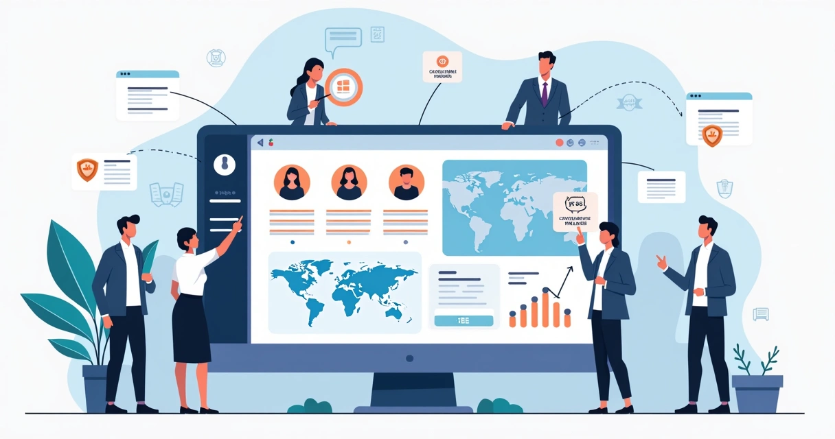 Global contractor management control panel showing connected teams and data charts