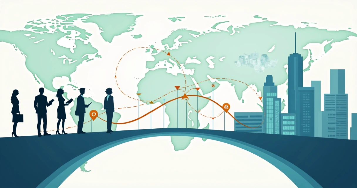 Abstract bridge connecting global talent silhouettes and city skyline