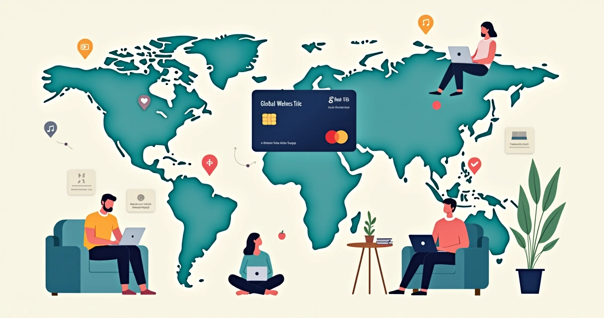 Remote workers around world map choosing wellness perks with virtual benefit card