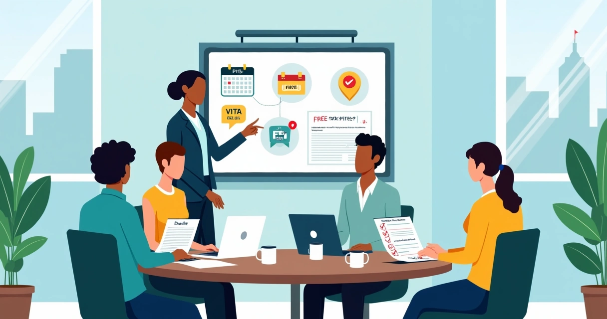 HR manager sharing VITA tax program resources with diverse employees in break room