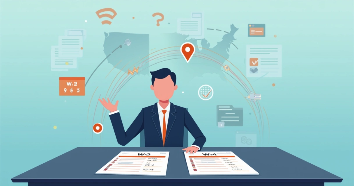 HR manager reviewing W-2 and W-4 forms at a modern desk