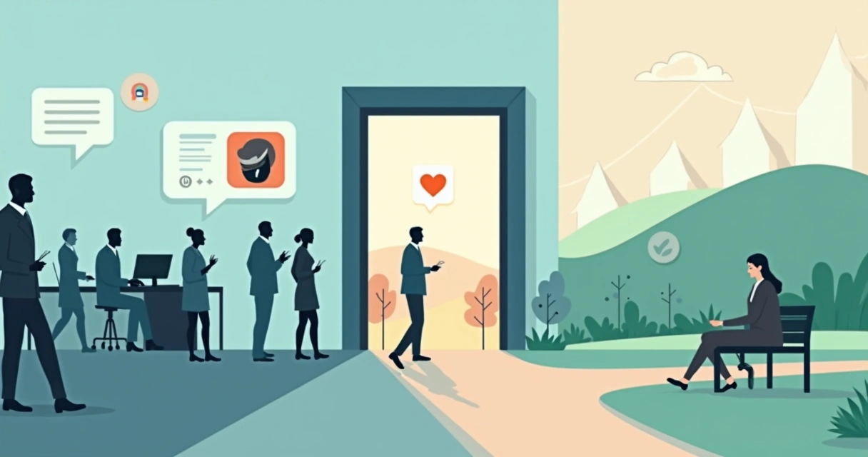 Office team walking through open door into calm nature space symbolizing mental health support at work