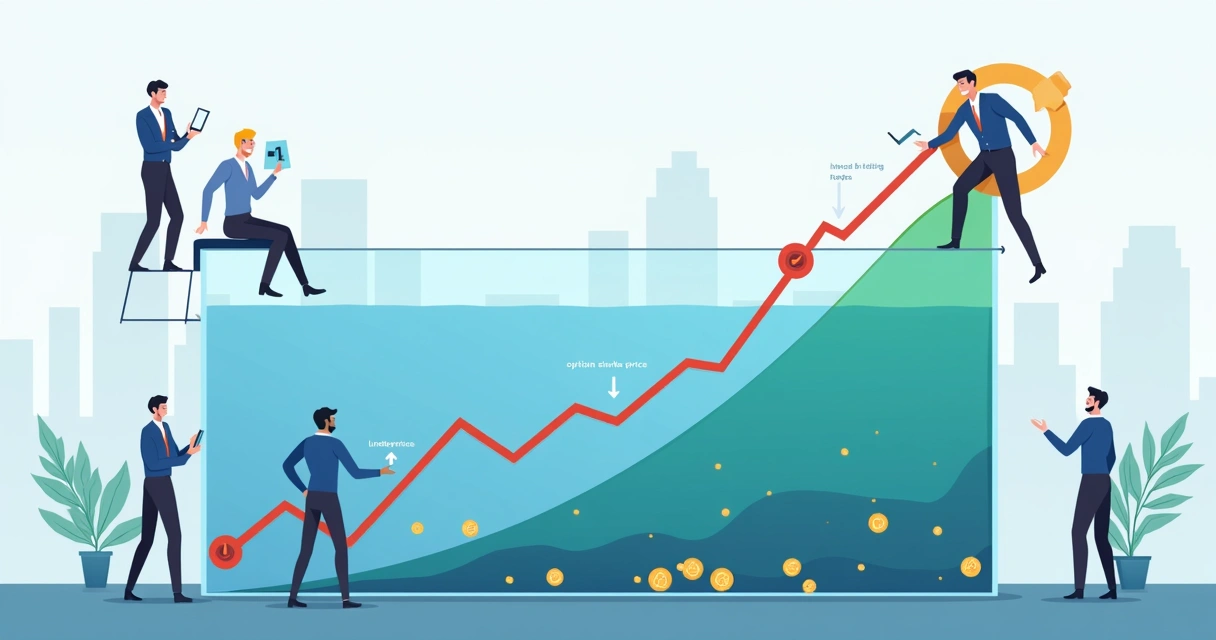 Corporate illustration of stock chart below waterline being adjusted upward by a team