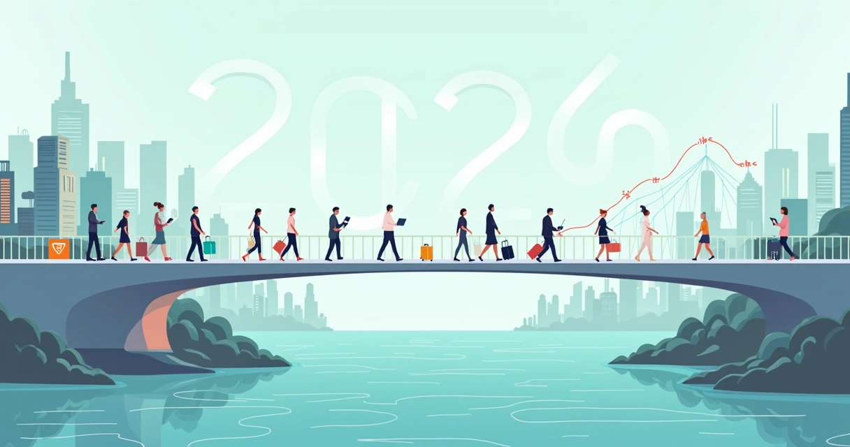 Global talent walking across a futuristic bridge shaped like 2026 between city skylines