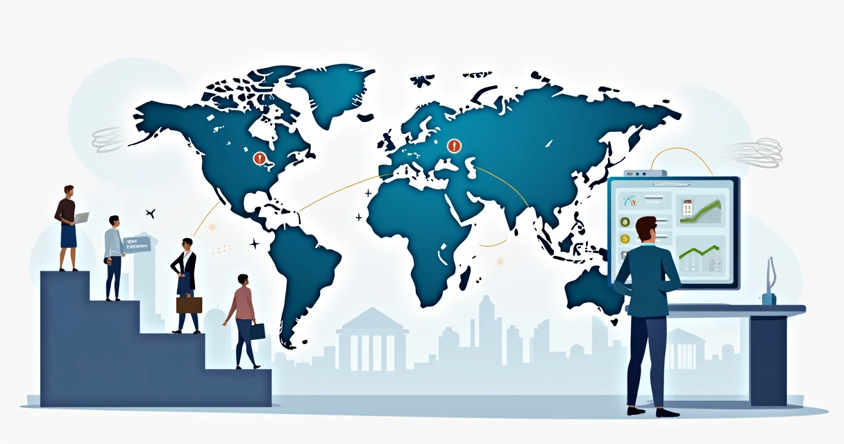 Global mobility manager viewing shifting US immigration routes on a digital map